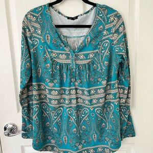 Women’s Teal Paisley Long-Sleeve Blouse